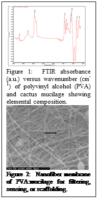 Text Box:  Figure 1:  FTIR absorbance (a.u.) versus wavenumber (cm-1) of polyvinyl alcohol (PVA) and cactus mucilage showing elemental composition.     Figure 2:  Nanofiber membrane of PVA:mucilage for filtering, sensing, or scaffolding.  